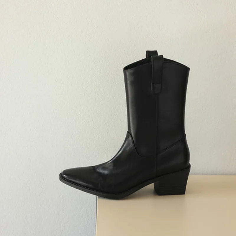 Women Washed Genuine Leather Western Cowboy Boots Pointed Toe 5.5cm Block Heel Pull On Mid Calf Booties Top Grain Cow VampF292