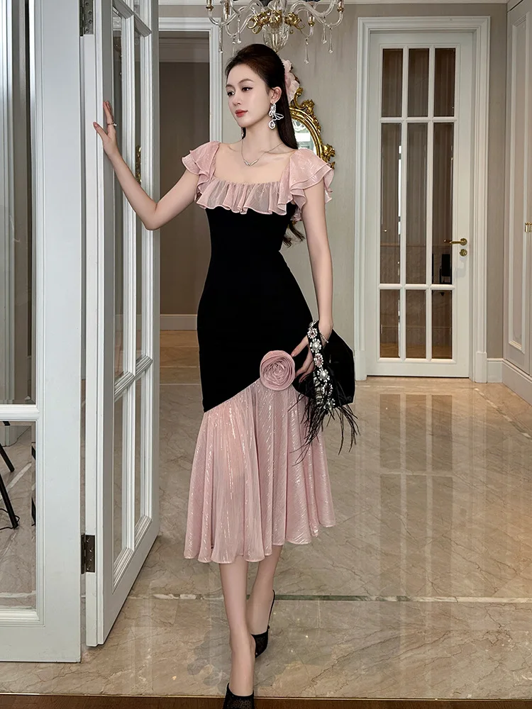 

Coigarsam Women's Summer Dress New Office Lady Flounced Solid Square Collar Black Dresses
