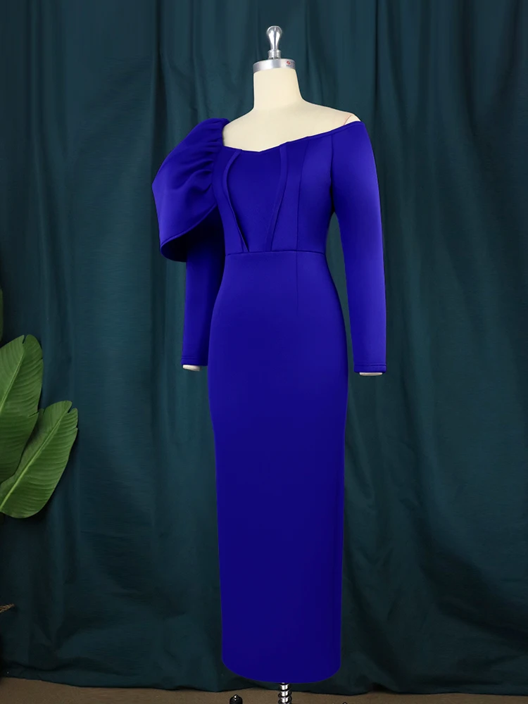 Robe de soirée bleue grande taille, épaules dénudées, manches longues, moulante, taille haute, longueur cheville, fête d\'anniversaire, tenue de bal