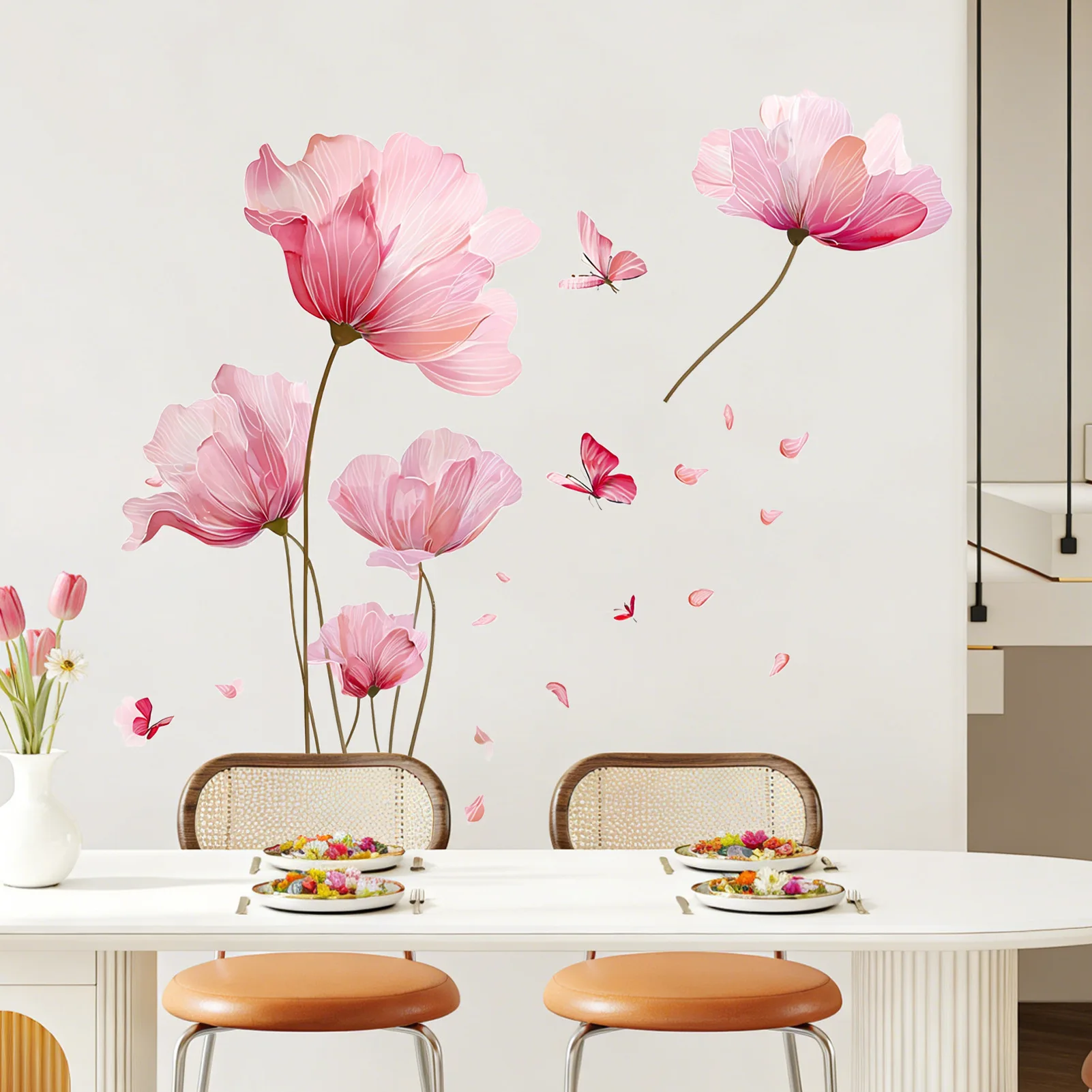 Romantic Pink Flowers Butterfly Wall Sticker Living Room Bedroom Decor Home Wall Decor Self-adhesive Stickers Room Decoration