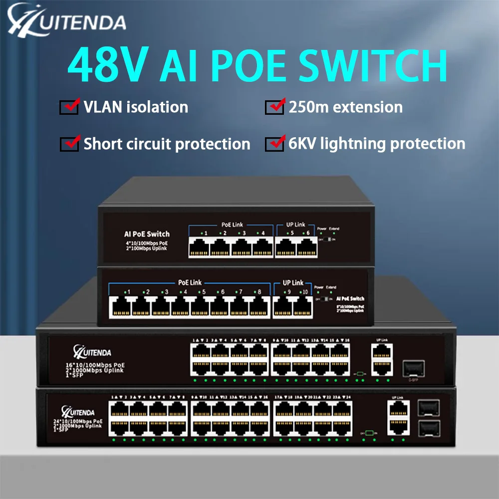 Huitenda POE Switch AI Smart Ethernet 10/100/1000Mbps VLAN Switch IEEE802.3AF/AT UP to 250m for IP Camera/ Wireless AP/Router