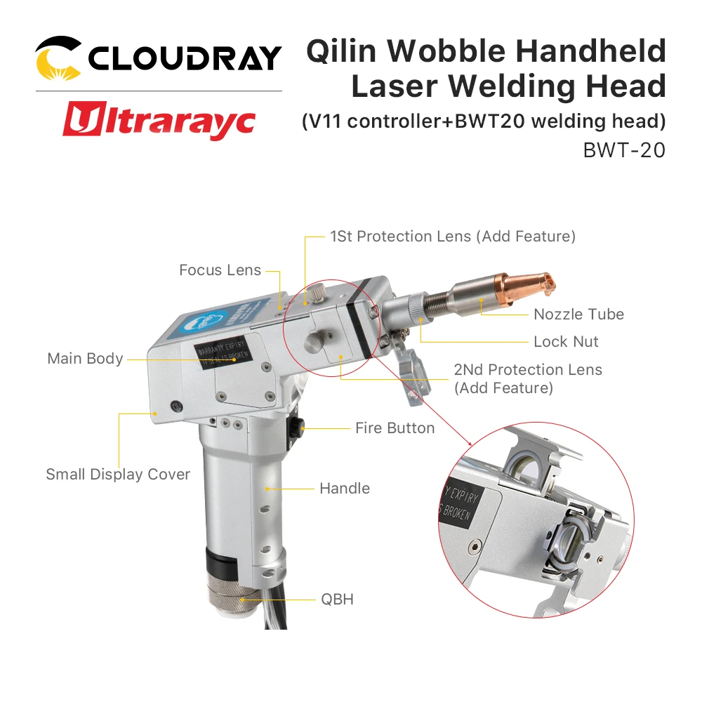 Ultrarayc 1064nm Fiber Laser QILIN Wobble Welding Head BWT20 QBH 2000W + SS-BWT20 Wire Feeder Set for Fiber Welding Machine