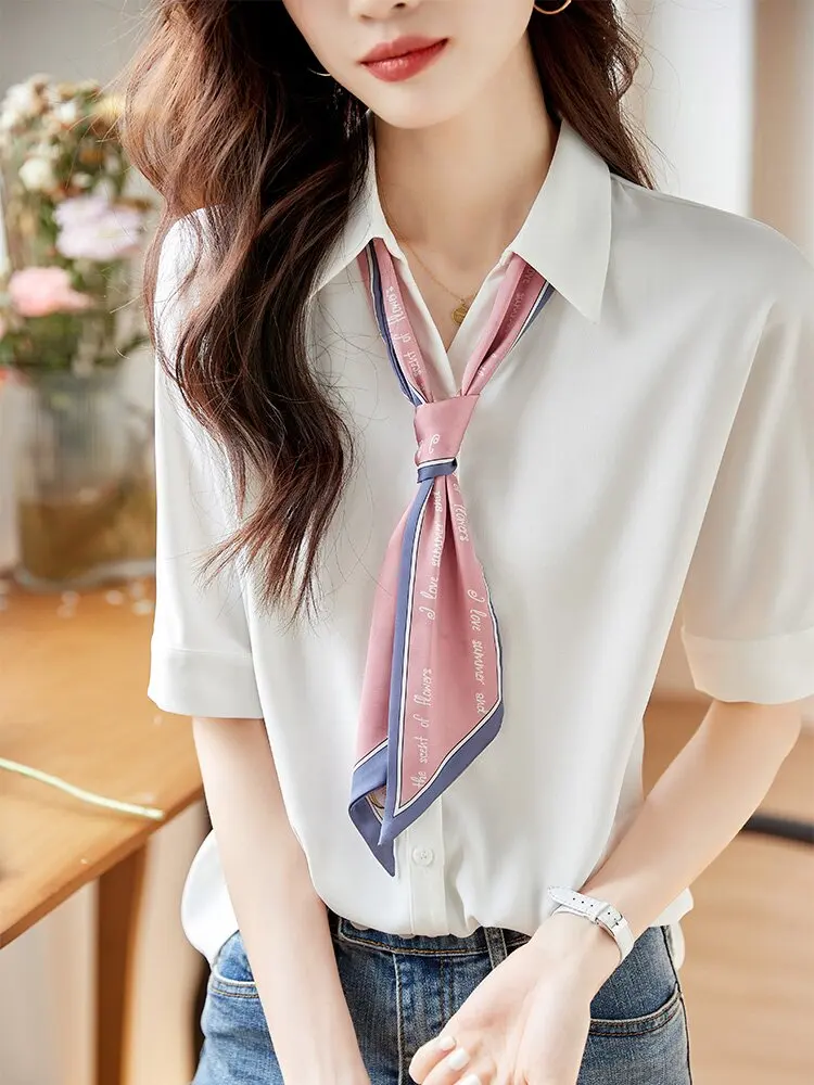 

Шелковая блузка с коротким рукавом для женщин, летняя новинка, из плотного шифона, для офиса, элегантная, белая, с пуговицами, прямого кроя