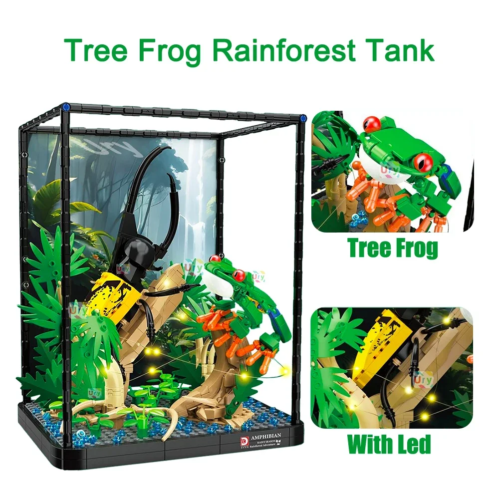 MOC Tropical Rainforest Tree Frog Unicorn Beetle Display Box with Led Light Chameleon Insect Models Building Block Toy for Kids