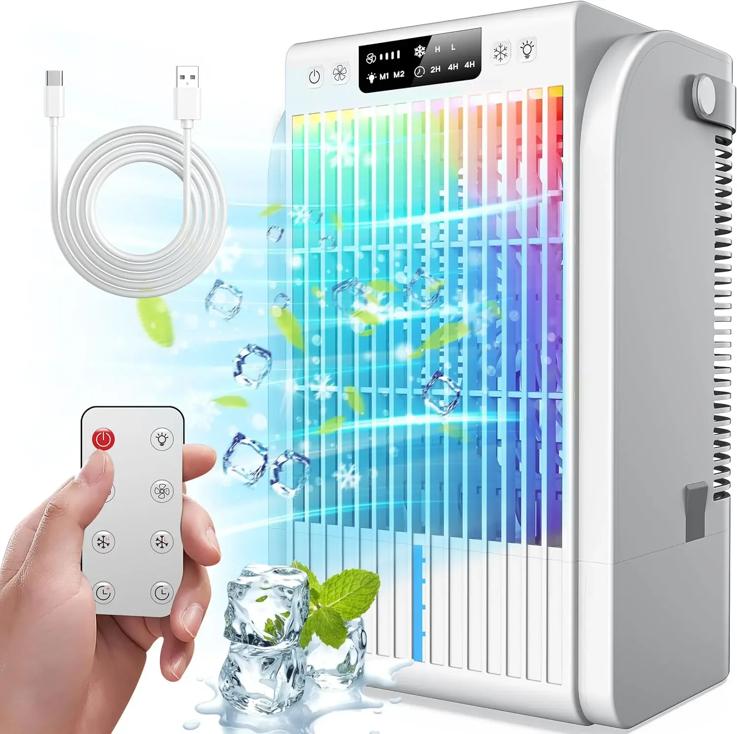 

Quiet and Powerful Air Conditioners Fan With 1500ML Tank, 4-IN-1 Evaporative Air Cooler Featuring Remote Control and 7 Color Lig