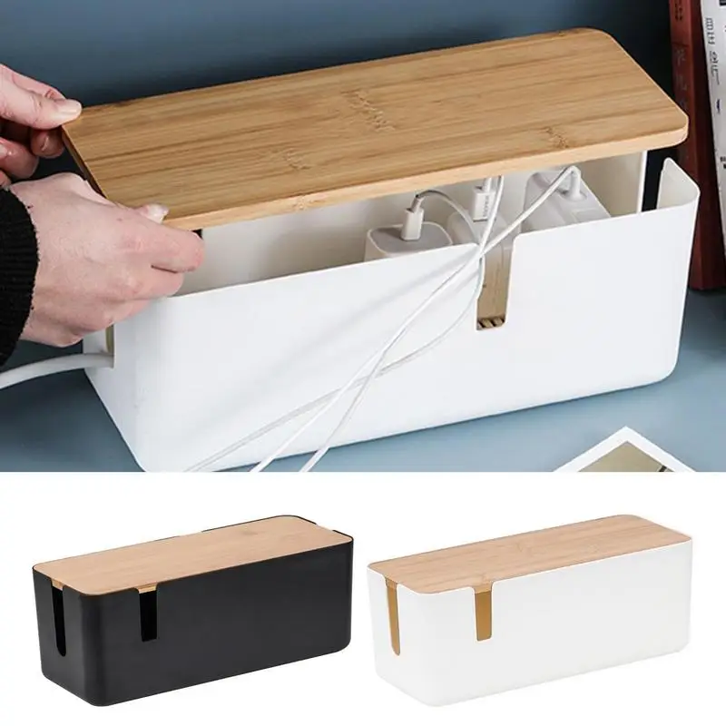 Cable Management Box Power Line Storage Case Dustproof Bamboo Lid Cord Organizer Box To Hide Power Strip Holder Offices Homes