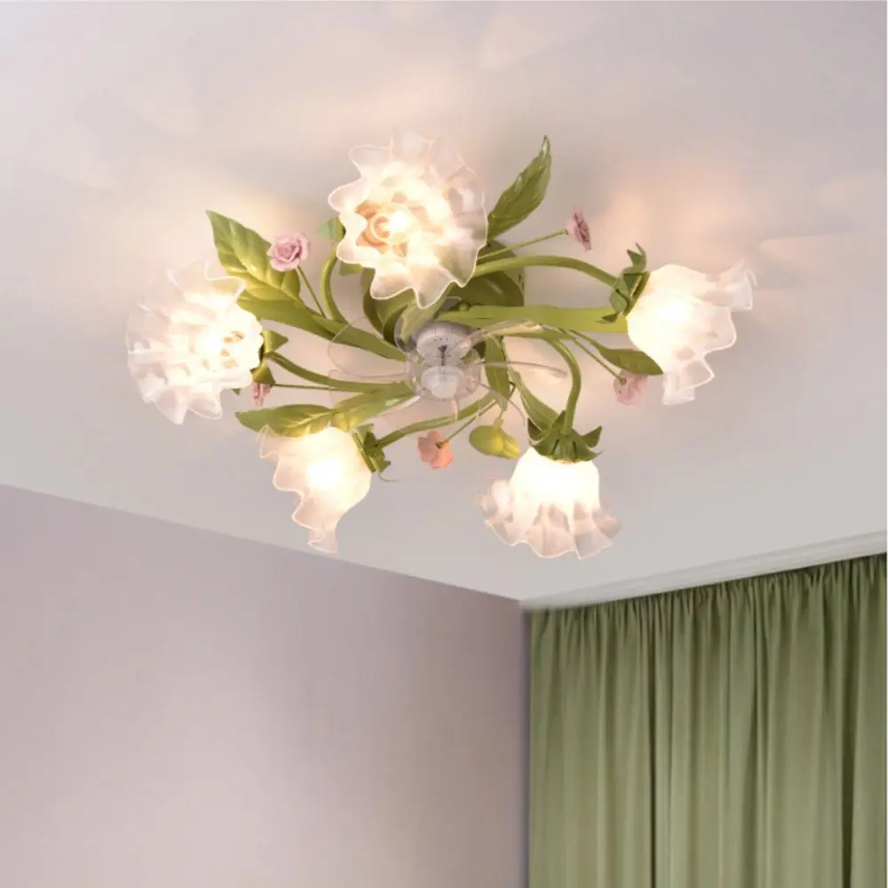 Bedroom Fan Ceiling Lights Green Metal Leaf Clear Glass Ceramic Flower Study Room Ceiling Light Kitchen Washroom Ceiling Lamp