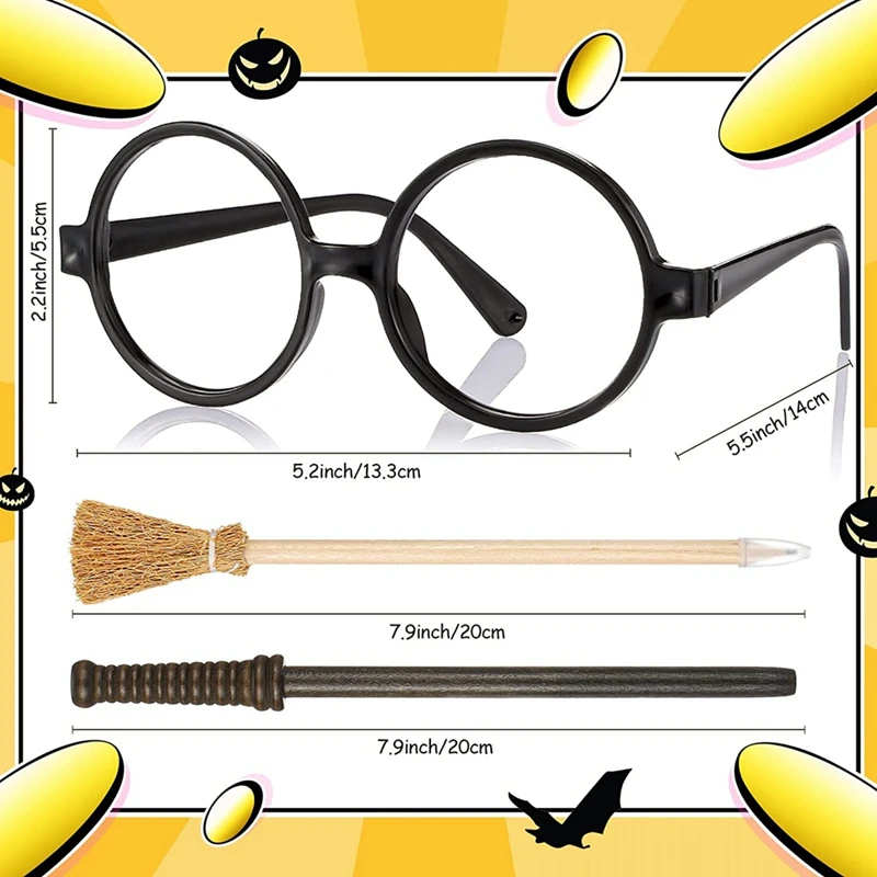 48 Pcs Witch Broom Pencil And Wands Pencils And Glasses With Round Frame No Lenses, Wizard Wands Theme Party Supplies