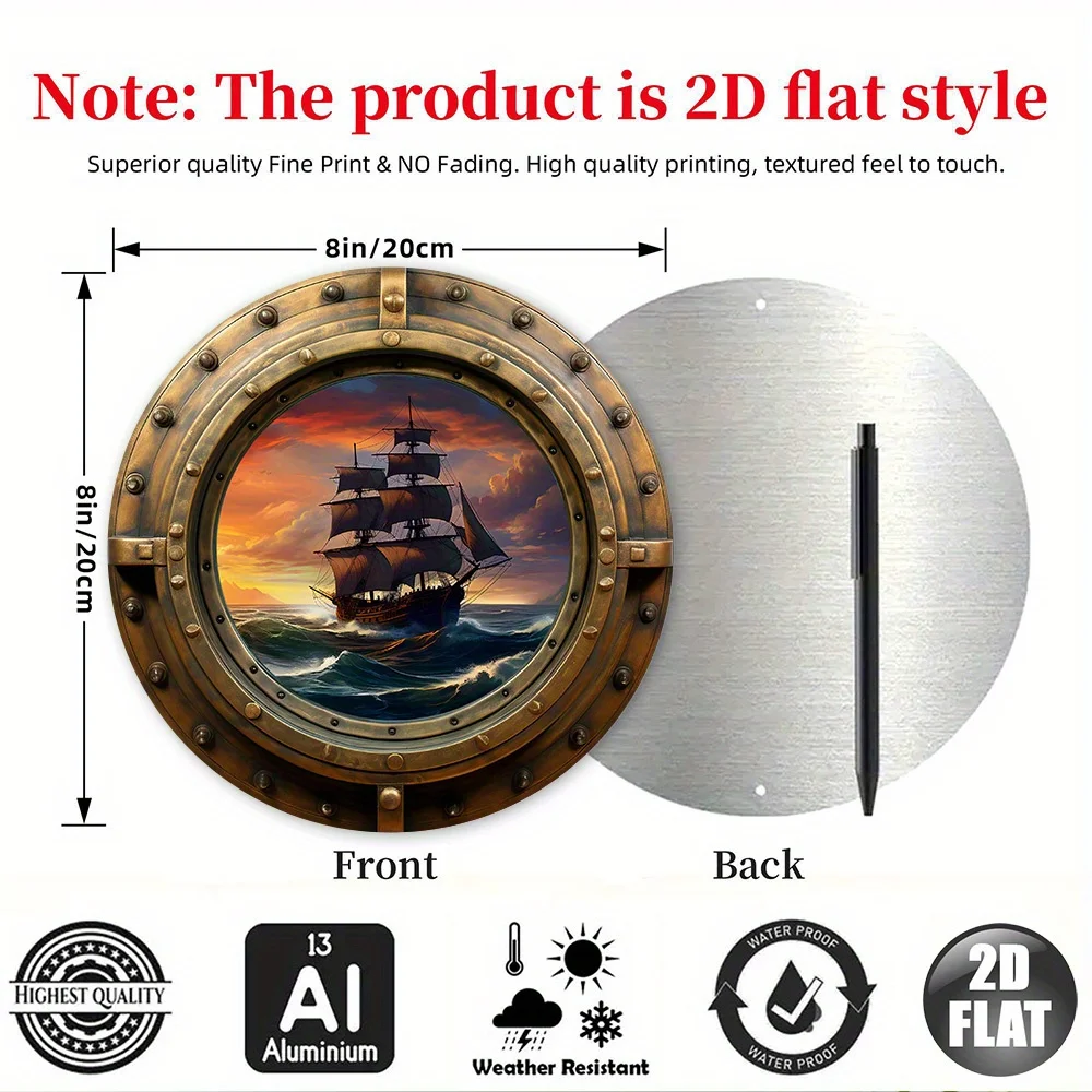 Vintage Nautical Porthole Ocean View Aluminum Metal Sign, Wall Decor for Home Bar Cafe Indoor Outdoor 8 Inch Rustproof