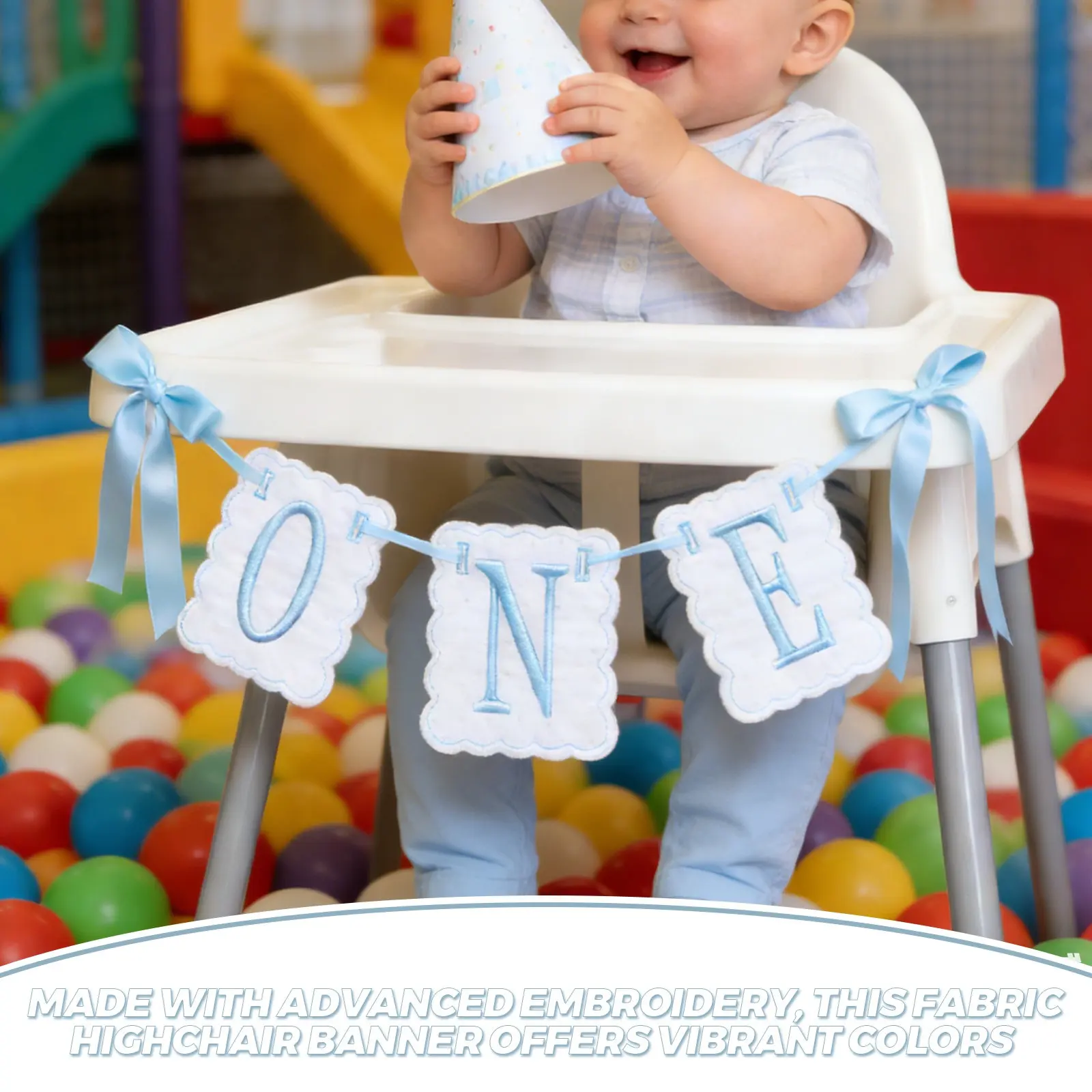 Birthday High Chair Banner Blue White Bow Embroidered First Birthday Decorations One Year Party Banner for