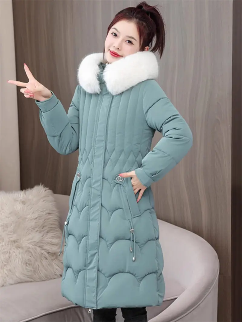 

Fur Collar Hooded Down Cotton Coat 2023 Fashion Winter Jacket Women Mid Length Warm Korean Slim Fitting Parkas Abrigos z3476