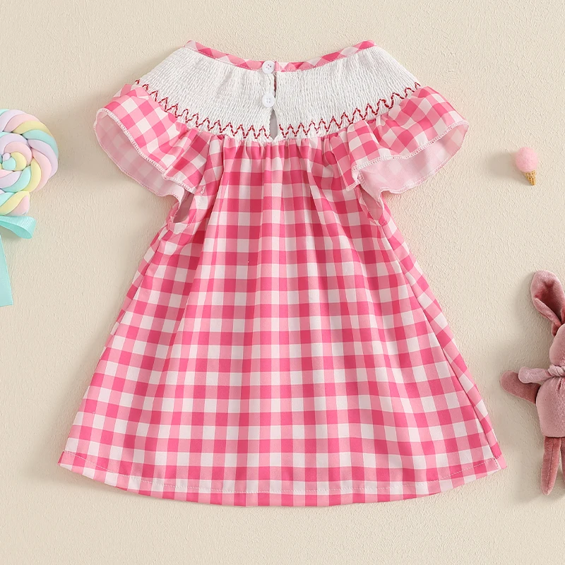 Little Girl Cute Easter Dress Bunny Embroidery Plaid Print Flying Sleeve Crew Neck A-Line Dress