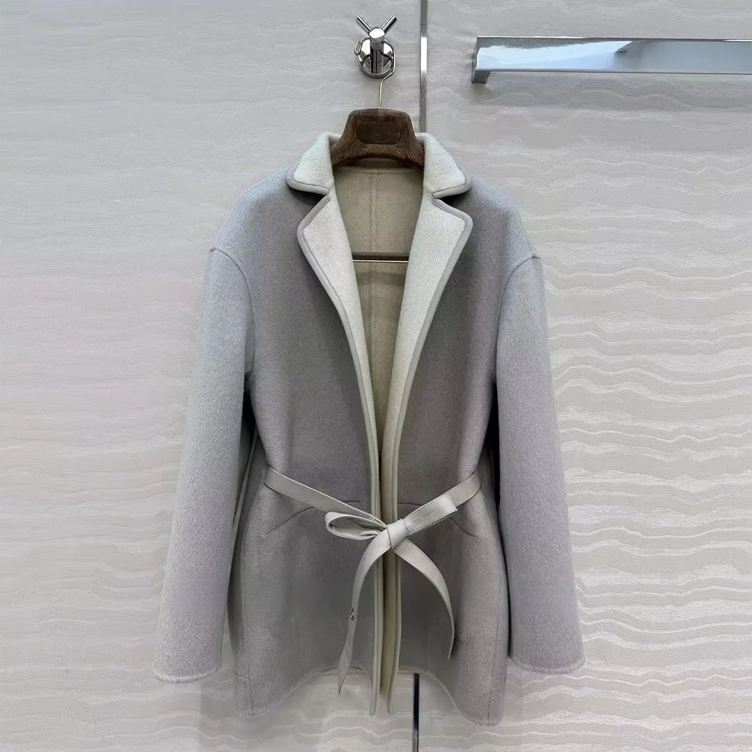 Luxury Winter Wool Cashmere Double-faced Reversible Wool Coat Women Lapel Long Sleeve Sheepskin Leather Belt Fashion Long Jacket