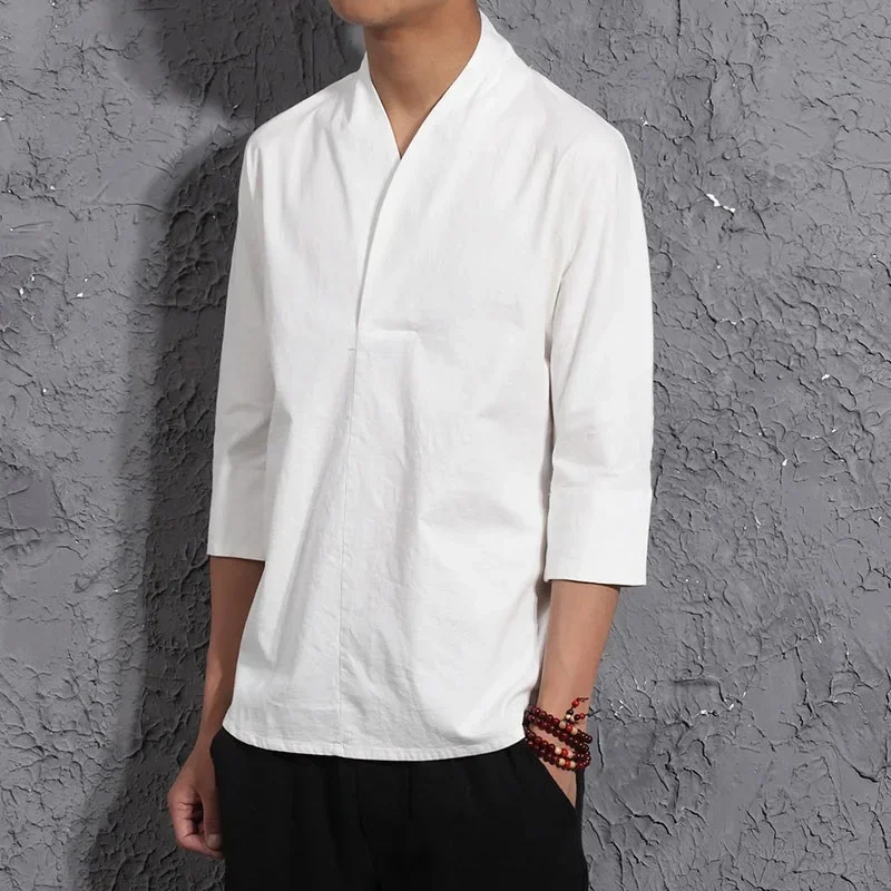 Chinese Style Male Tshirt Casual Streetwear Men Linen Cotton Loose Blouse Traditional Kung Fu Outfit Hanfu Wu Shu Tee Tops 1 MN1