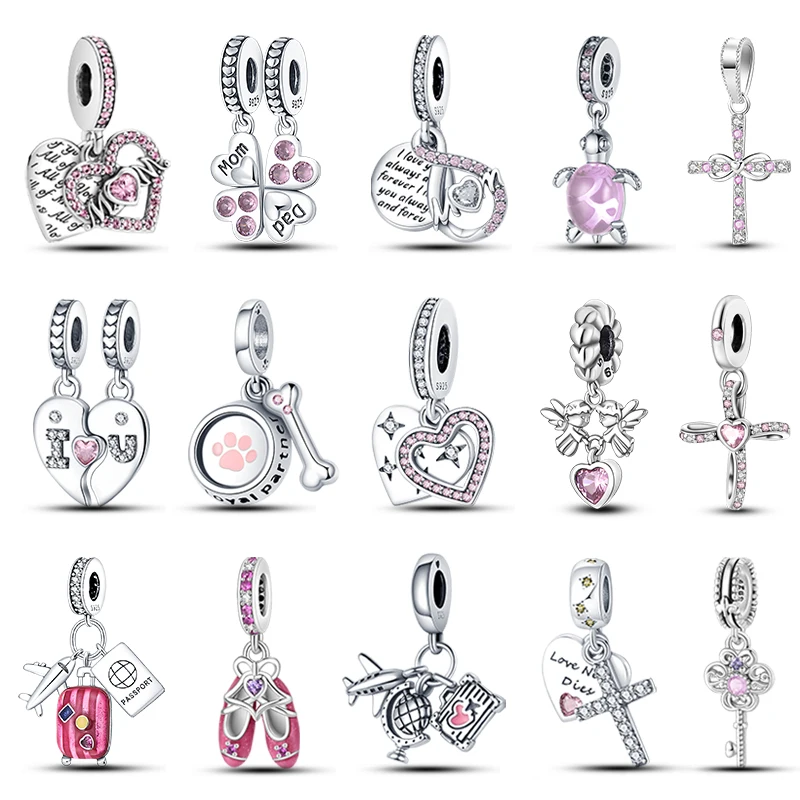 Moda 925 colore argento tronco a forma di cuore fiocco rosa Charms perline Fit Pandora 925 bracciali originali Fine gioielli di compleanno fai da te