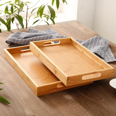 Rectangle wooden food tray with handle Multi-purpose platter Bamboo dinner tray