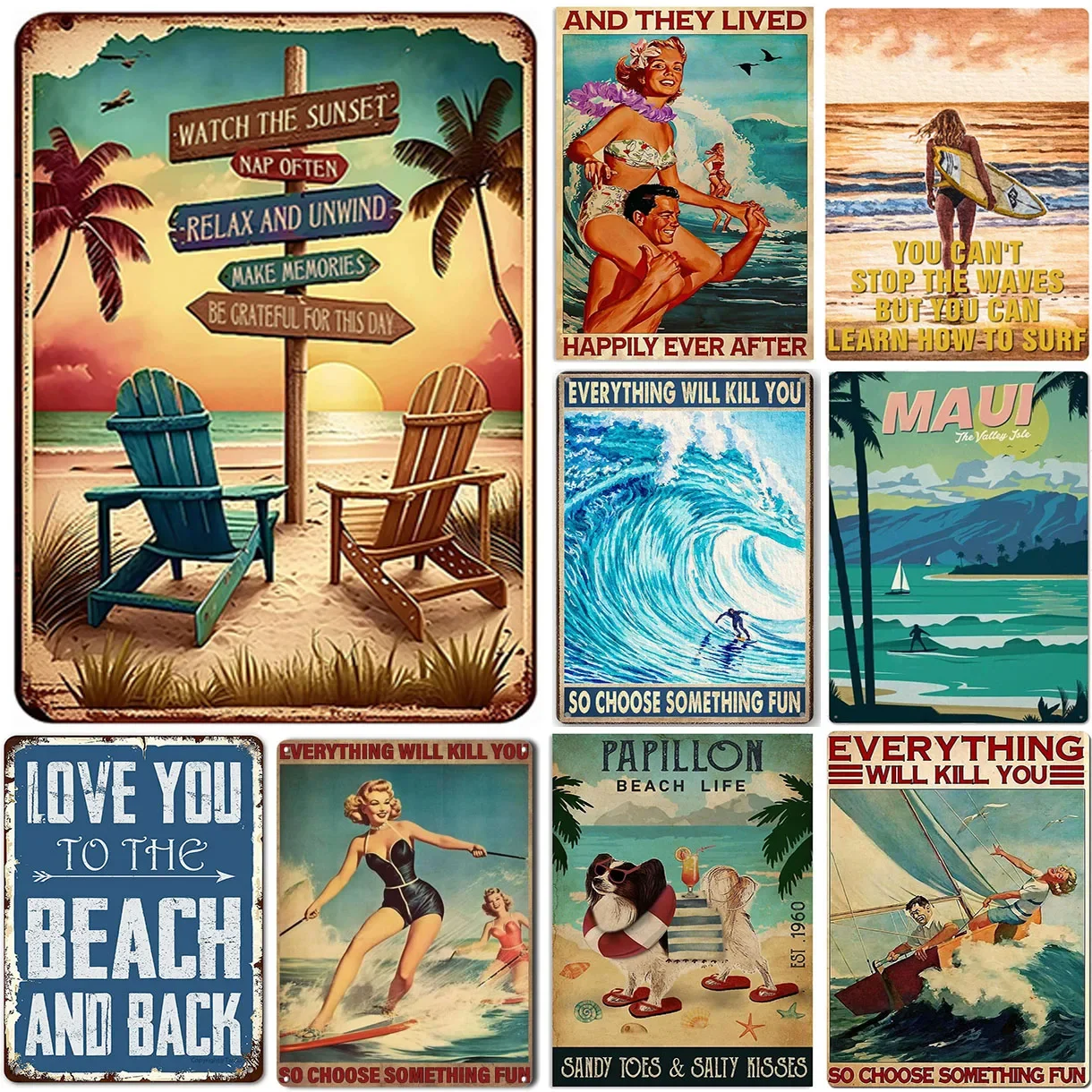 Plaque Metal Tin Signs Beach Surfing Wall Decoration Vintage Art Posters Iron Painting for Man Cave Home Cafe Garden Club Bar