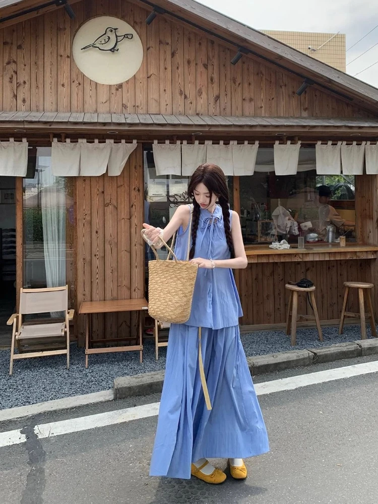 

​ Женский синий асимметричный винтажный комплект из топа и юбки, летний шикарный наряд 2026 года, новый стиль ​