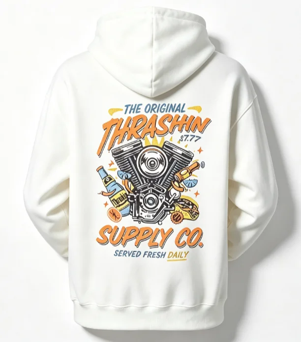 2026 Men Retro Biker Engine Graphic Hoodie Vintage Motorcycle Motor Back‑Print Black Drawstring Pullover Sweatshirt