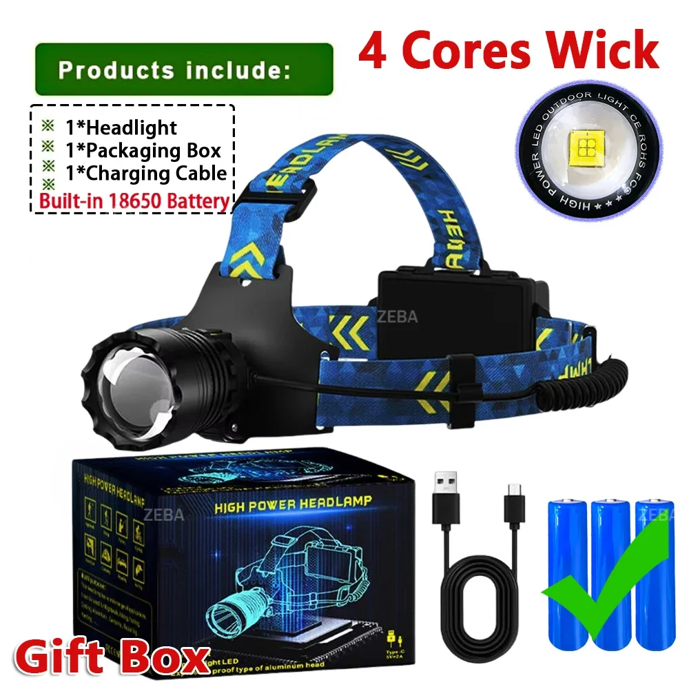 

High Power Spotlight Long Rang Wick 4-LED Headlamp Telescopic Zoom Head Flashlight Fishing Light Lamp Torch For Camping Fishing