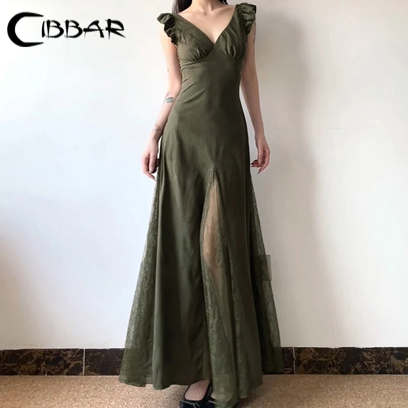 CIBBAR Elegant V Neck Green Long Dress Vintage 2000s Ruched Short Sleeve Lace Stitching Loose Dresses Women Distressed Outfits