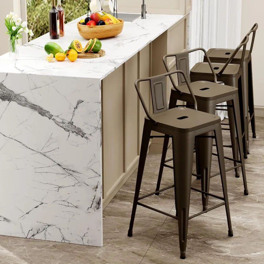 Zestaw 4 stołków barowych z oparciem w stylu industrial metal, stołki barowe o wysokości blatu do kuchni domowej, wytrzymałe i stylowe, wysokość 26 cali.