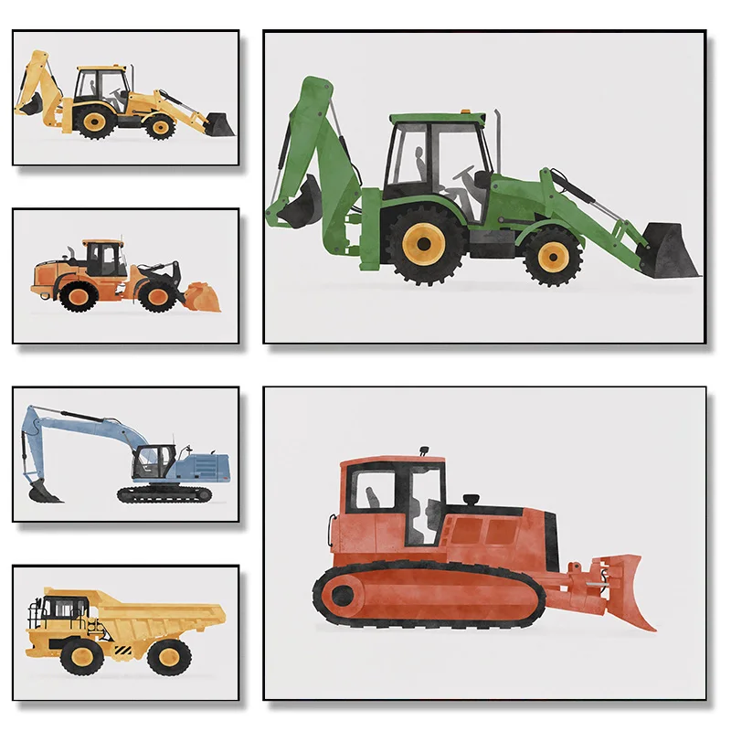 Cartoon Car Blue Dump Truck Green Backhoe Red Bulldozer Poster Print Wall Art Pictures Canvas Painting Boys Room Home Decor Gift