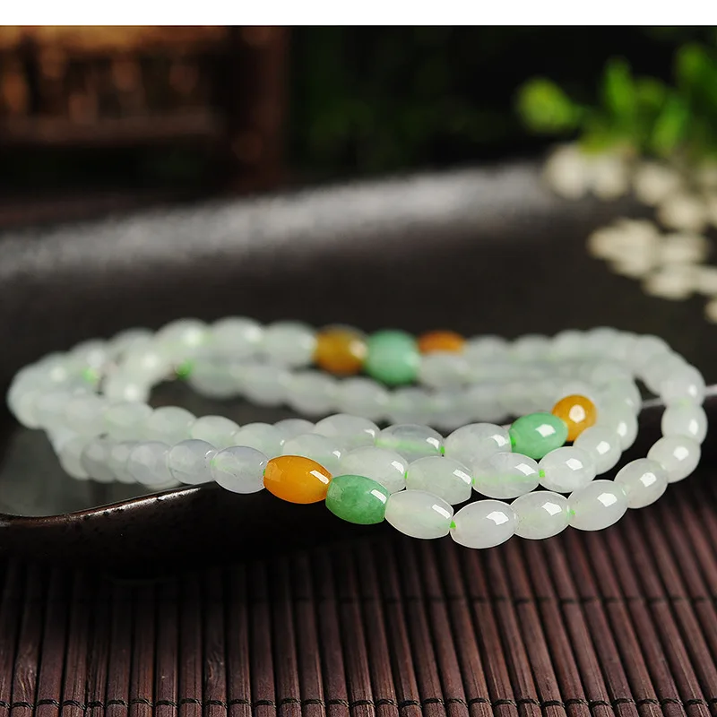 Myanmar Light Green Rice Jade Ice Glutinous Beads Chain Long Necklace Women