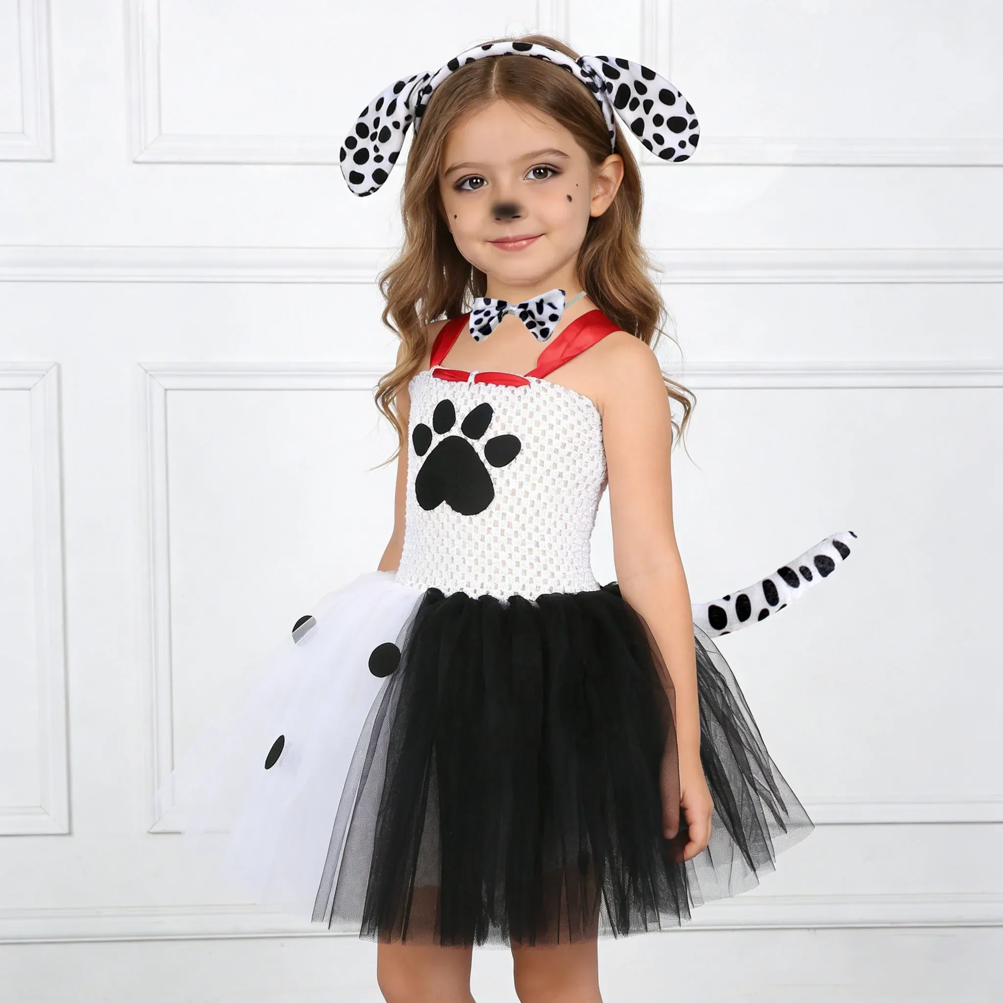 Disfraz de Animal Cachorro Cosplay Perro Leal Cosplay Perro Manchado Kuillard Deville Blanco y Negro Vestido de Malla para Niños Disfraz de Actuación ZZ12
