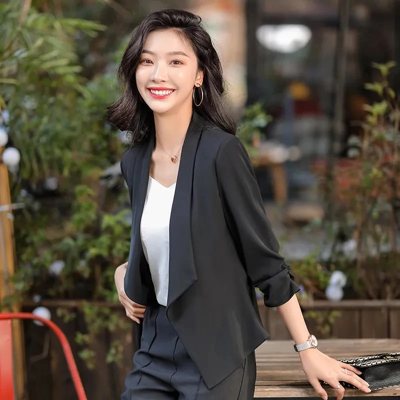 Solid Color Chiffon Pink Suit Coat Women\'s Spring and Autumn 2023 3/4 Sleeve Drop Feel Casual Blazer Summer Thin Cardigan White