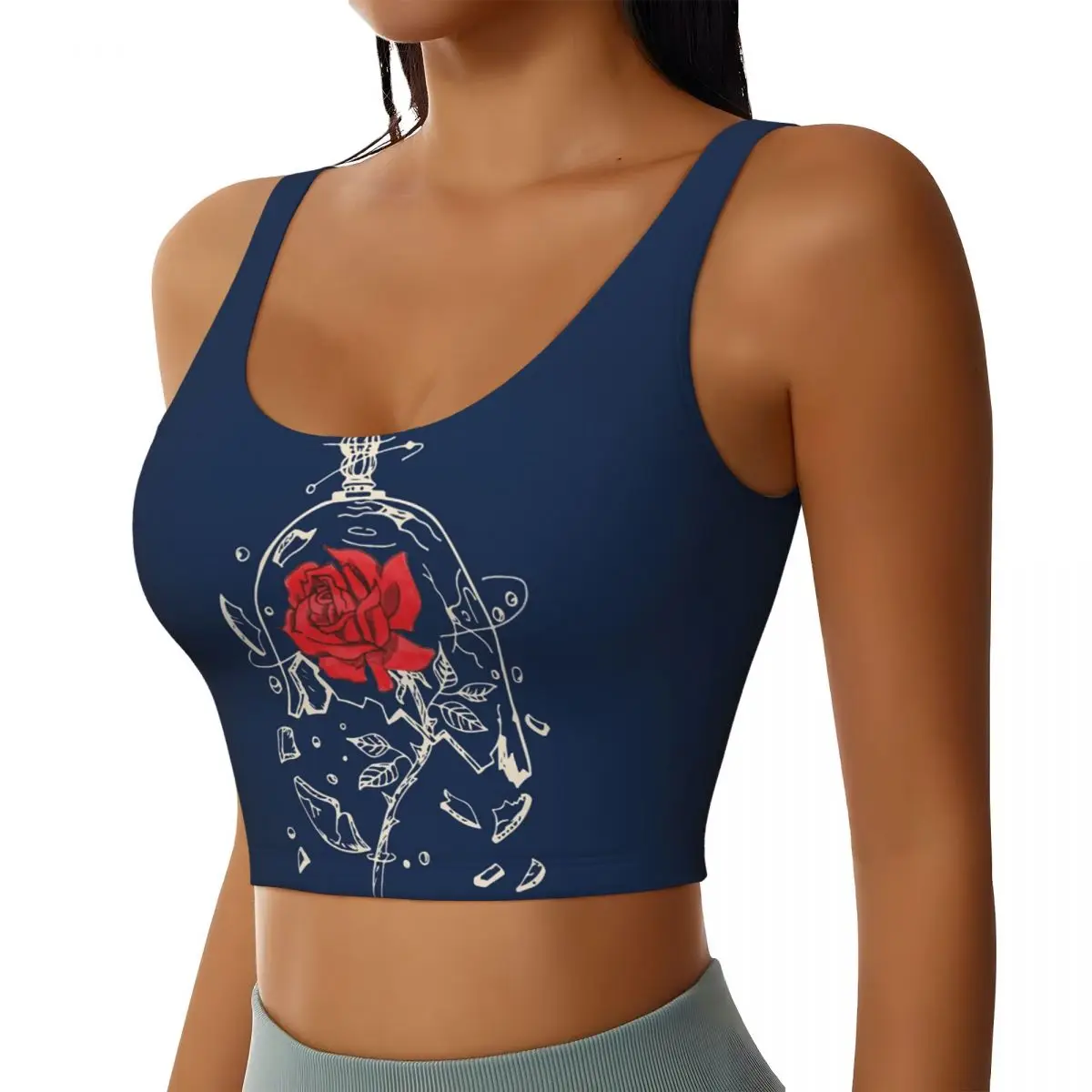 Custom Beauty And The Beast Rose Cartoon Anime Sports Bra for Women High Impact Workout Yoga Crop Top