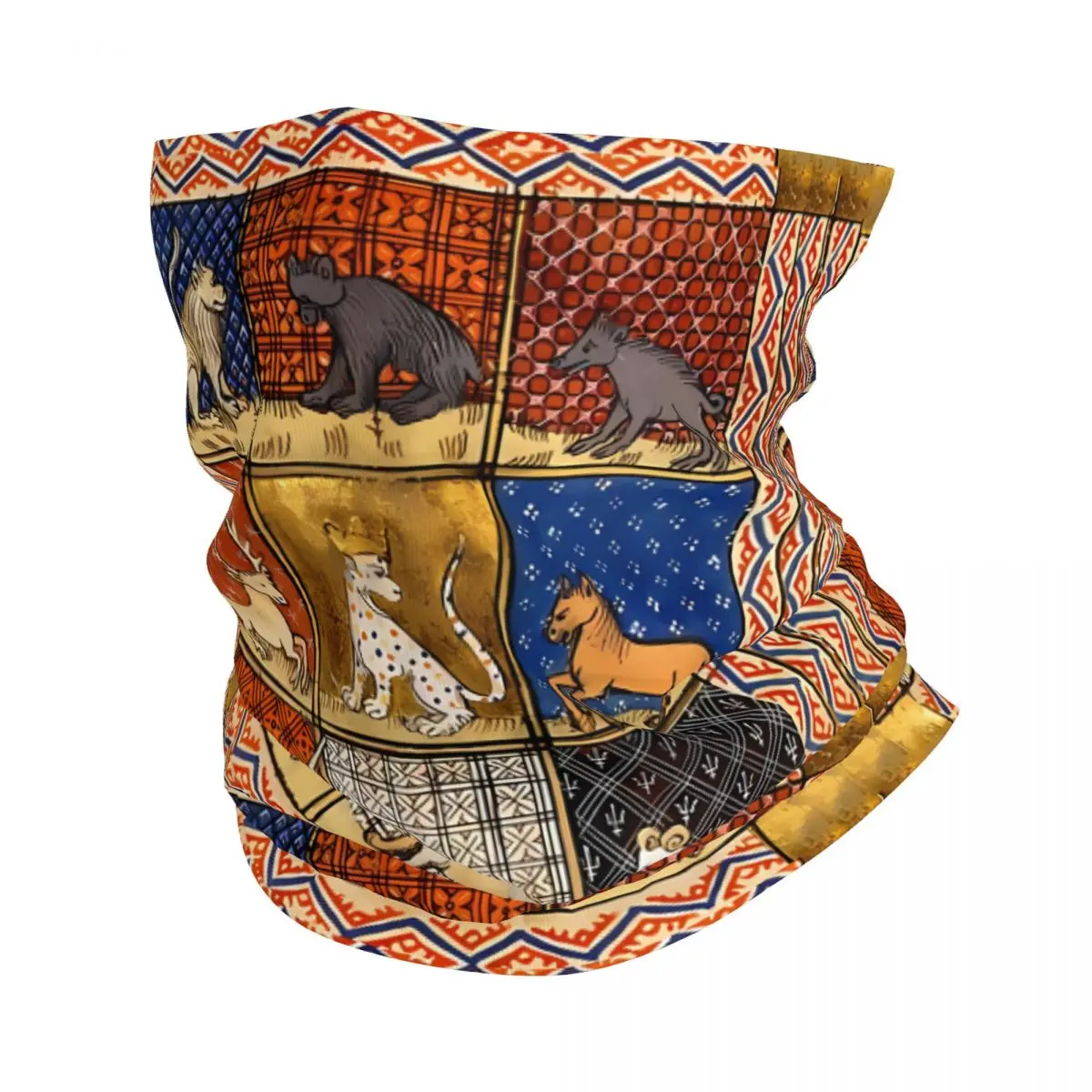 MEDIEVAL BESTIARY FANTASTIC ANIMALS IN GOLD RED BLUE COLORS Scarf Neckerchief Neck Face Mask Polyester