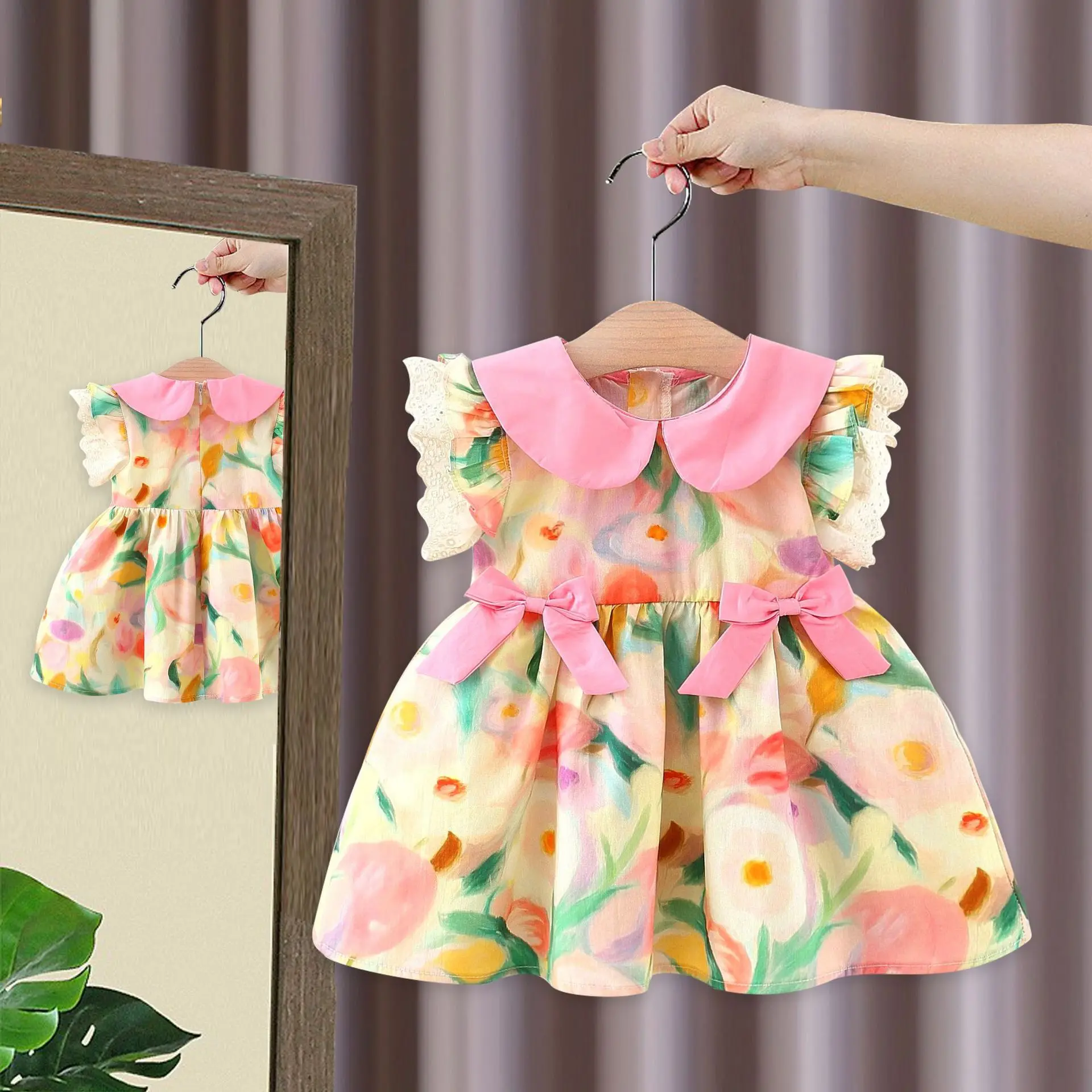 Summer Oil Painting Flower Print Bow Small Flying Sleeve Baby Girl Dress Cute Doll Collar Girl Princess Dress