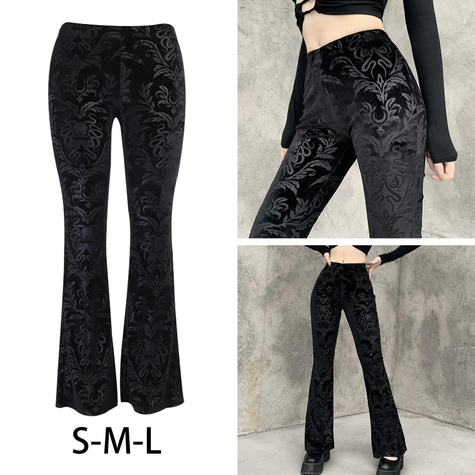 Retro Women's Dark d Pants Wide Leg Trousers Bell Bottom Pants Autumn Winter Streetwear Leggings Fit Velvet Embossing