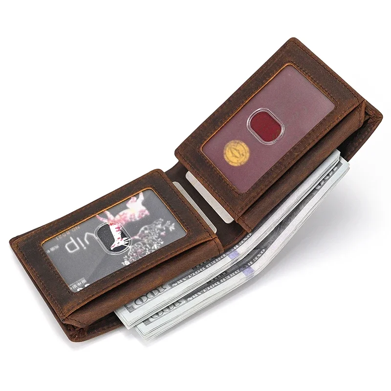 

Male Genuine Leather Short Wallet Multi-slot Cash Clip Purse Business Thin Card Holder Bifold Men's Small Purse with Photo