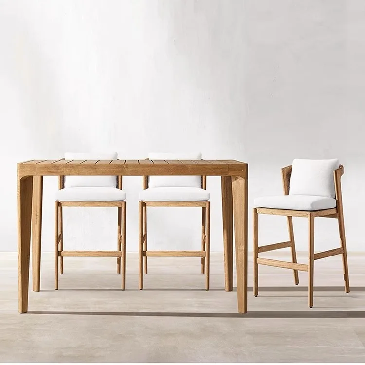Outdoor tables and chairs Balcony by wall window High stool Leisure teak open-air outdoor solid wood table Bar chair combination