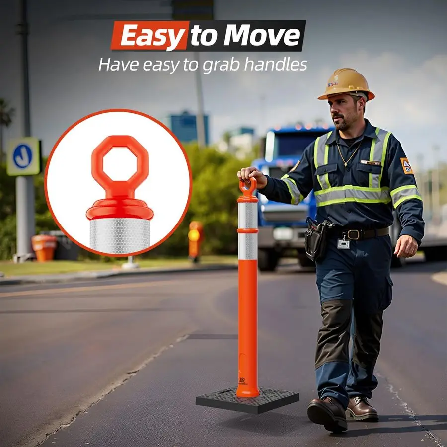 42 Inch Delineator Post with Base, Portable Orange Traffic Delineator Posts Cones with Reflective Collars for Parking Lots, Road