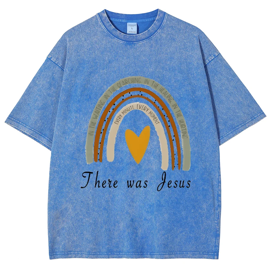 There Was Jesus Y2K Washed Short Sleeves Tshirt, Printed Creative Casual Unisex Oversized Vintage Streetwear Fashion Plus-Size