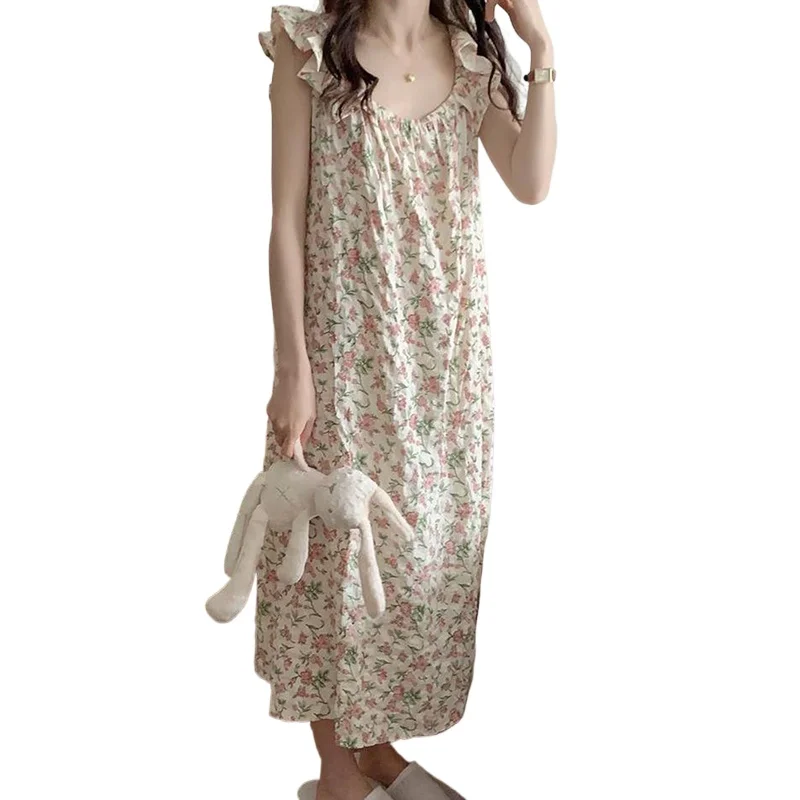 Floral Sleepwear Woman Fly Sleeves Summer Nightgown Korean Nightwear Night Dress One Piece Pajamas Sleeping Home Wear 2024 New