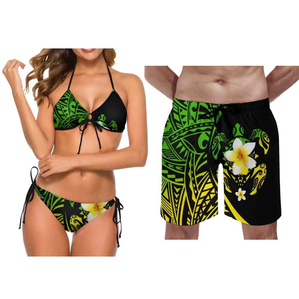 

Samoan Couple'S Swimsuit With A Stylish Tie Custom-Made Polynesian Ethnic Print Fashion Set Beach Pants Swimsuit Two-Piece Set