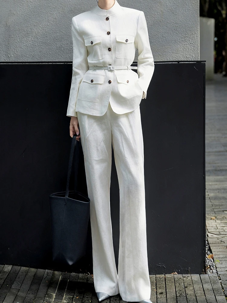 

Осенний новый костюм для отдыха, однобортный однобортный пиджак с длинными рукавами и поясом, широкие брюки с эластичной резинкой на талии, модный костюм-двойка