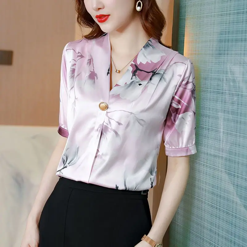 Women High Quality Satin Silk Floral Print Blouse Summer Stylish Vintage Elegant Shirts V Neck Short Sleeve Tops Blusas De Mujer