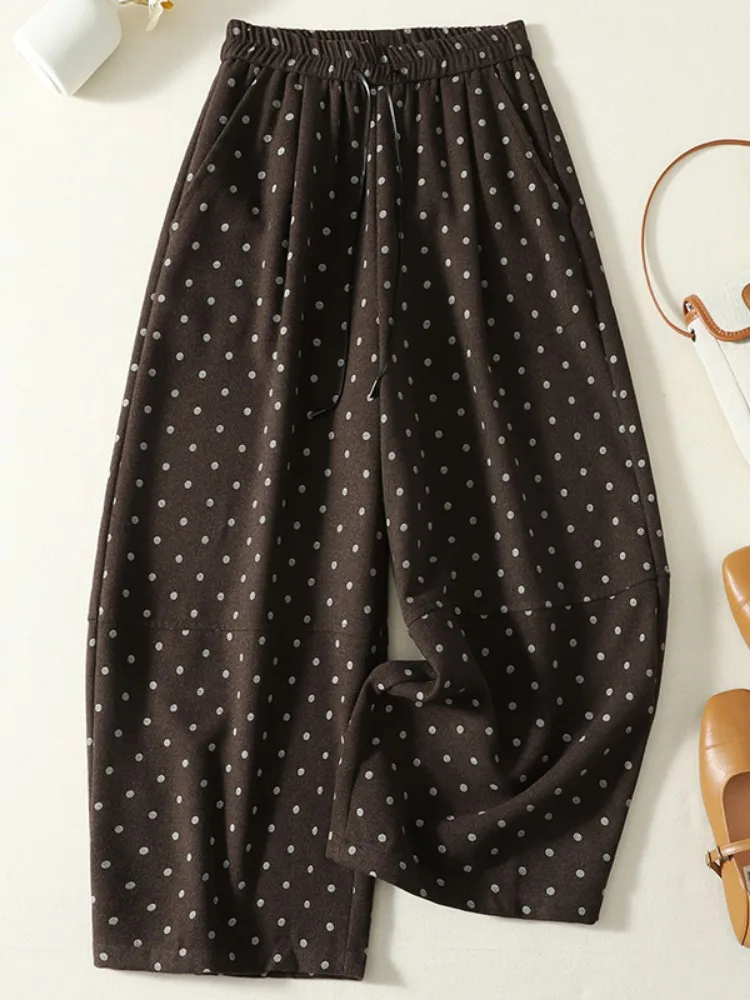 Fashionable High-End Flocking Polka Dot Wide Leg Pants Women's Autumn Winter Loose Comfortable Versatile Casual Style Nine-Pi...
