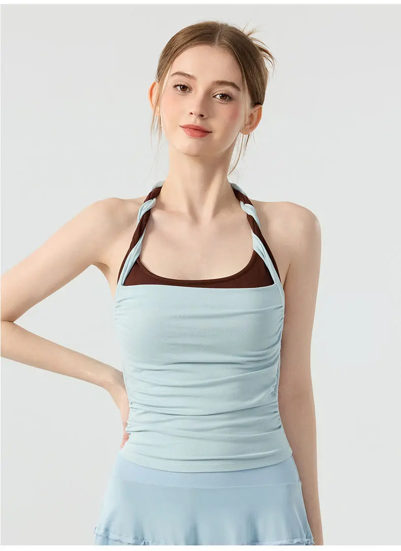 Color Blocking Neck and Back Sports Bra, Fixed Chest Pad, Shock-absorbing and Gathering, Running and Fitness Bra for Women