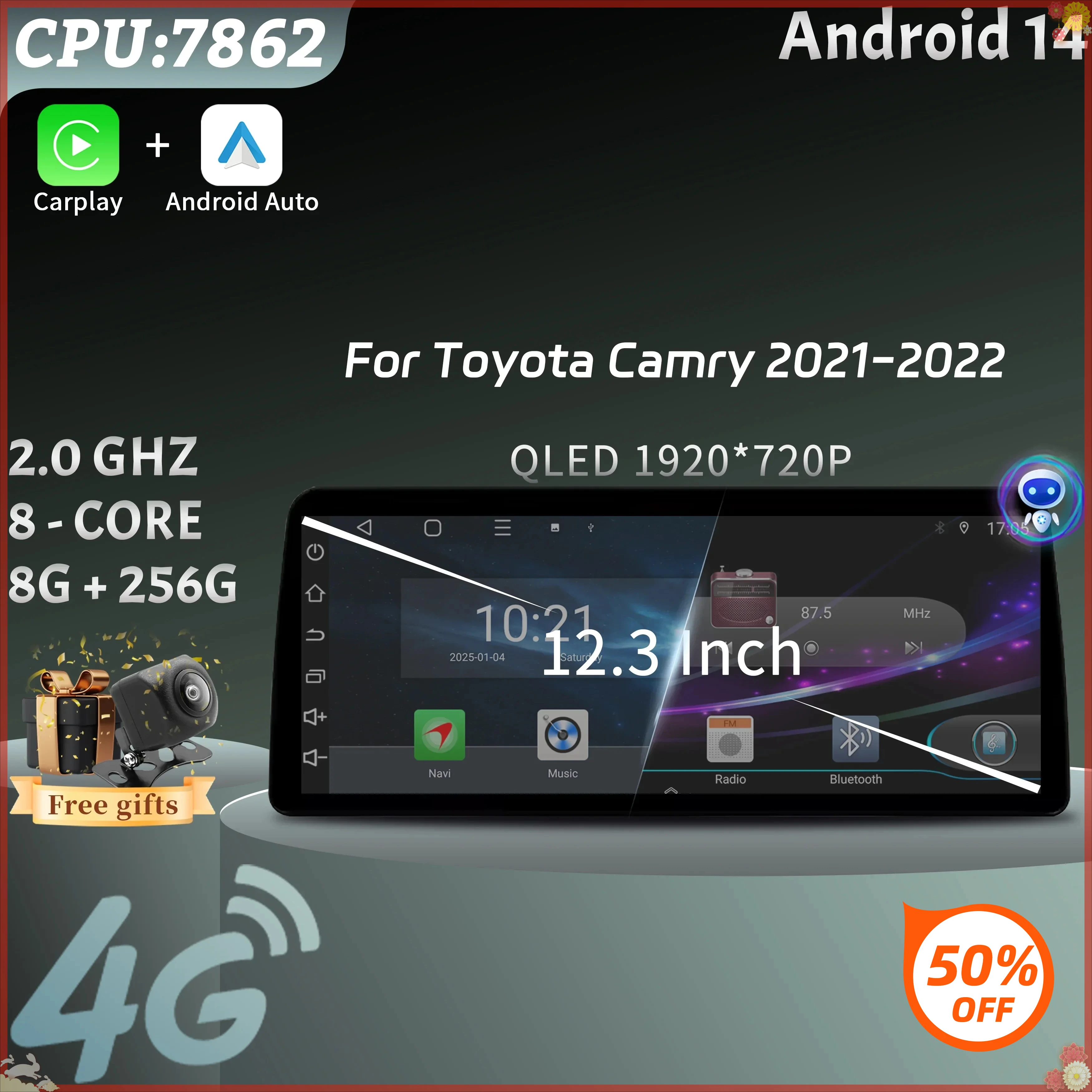 12.3inch Car Radio Multimedia Android 14 4G GPS Navigation Wireless BT Carplay Head Unit Touch Screen For Toyota Camry 2021-2022