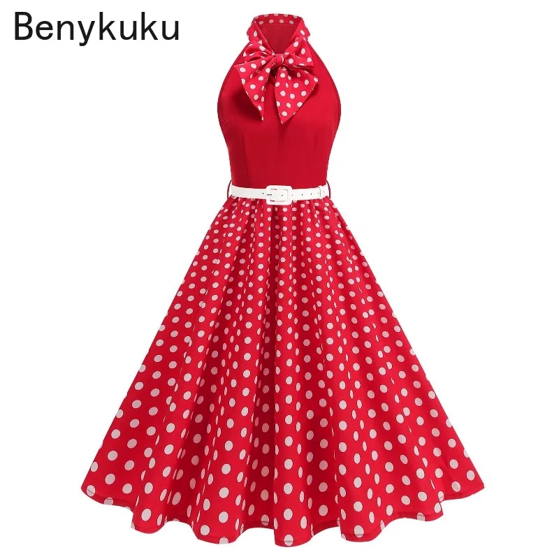 50s 60s خمر فستان ريترو للنساء 2025 الصيف مربوط الملابس أحمر أسود هيبورن الأزهار البولكا نقطة أكمام فساتين الحفلات