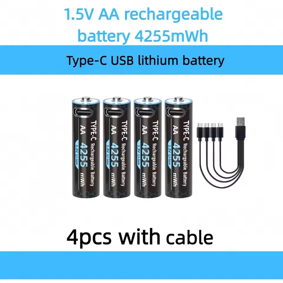 

AA 1.5V Rechargeable Battery 4255mWh Type-C USB Lithium Battery for Remote Control Toy Battery with Charging Cable