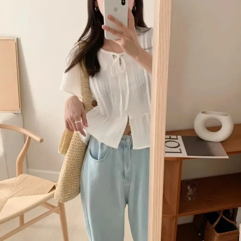 Korean Short Sleeve Blouses Simple Slimming Ort Round Solid Women's Fashion Top Banded Design Length Shirt