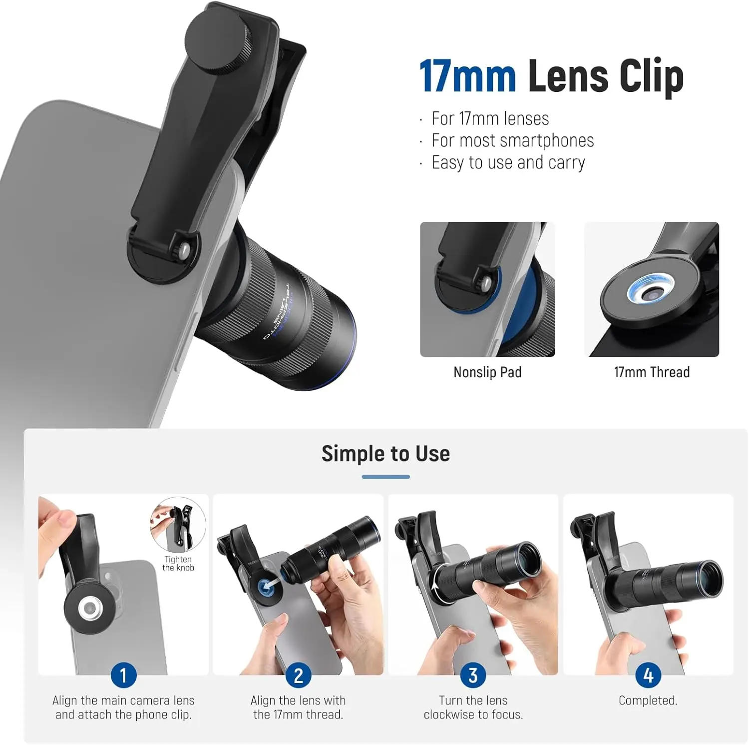 NEEWER 400mm Telephoto Phone Camera Lens with 17mm Threaded Lens Clip 70cm Minimal Macro Focus Distance For iPhone Samsung