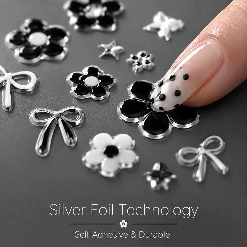 6Pcs Mixed Pattern Nail Stickers Black Silver Hollow Flower Piano Key Musical Note Bowknot Self‑Adhesive Decals For Manicure